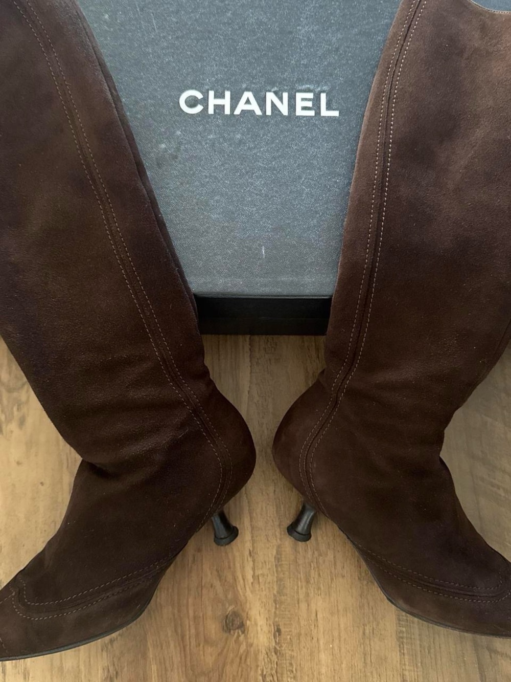 CHANEL Dark Brown Suede Pointed-Toe Knee Boots - Picture 6 of 7